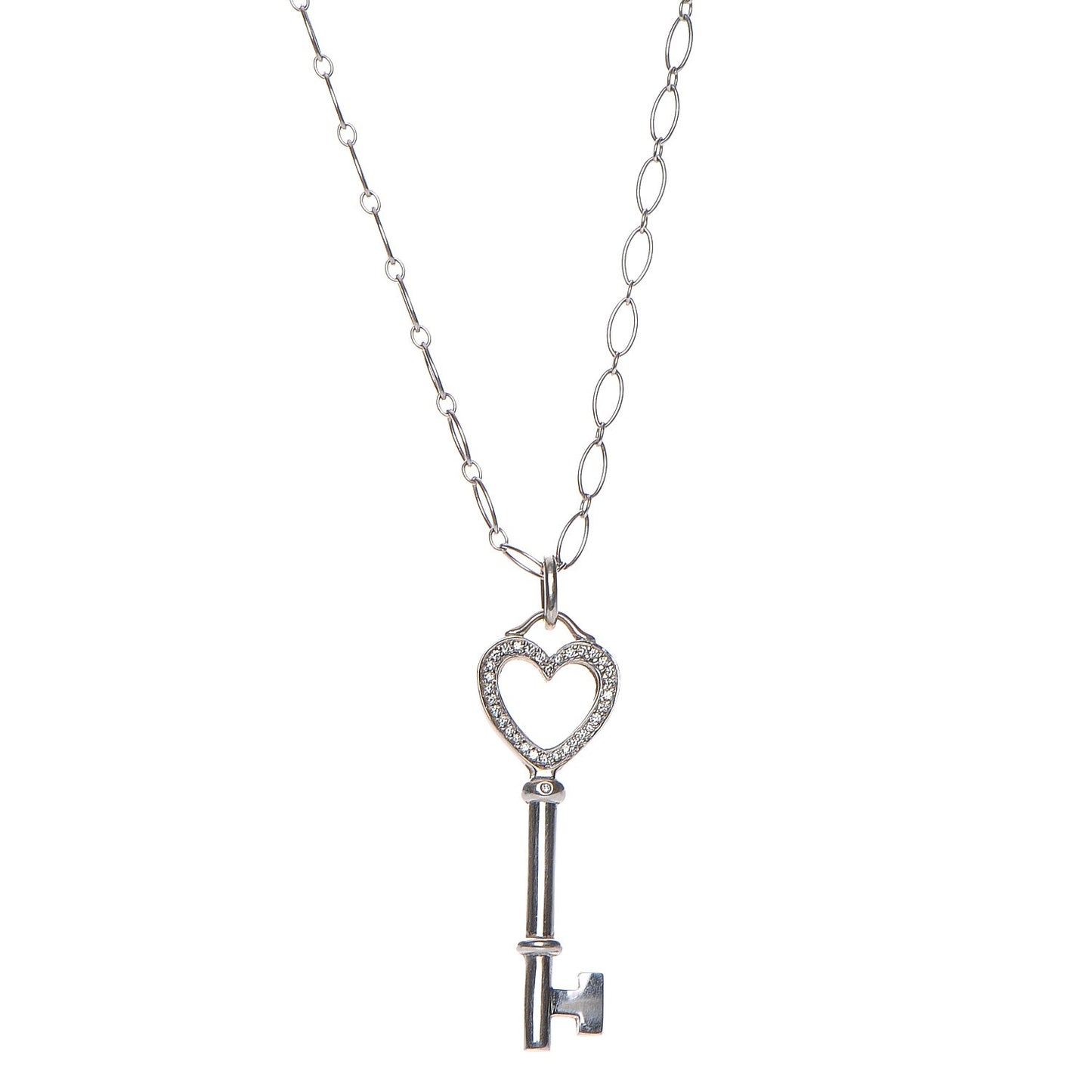 18K White Gold Diamond Mini Heart Key Charm Pendant Link Necklace