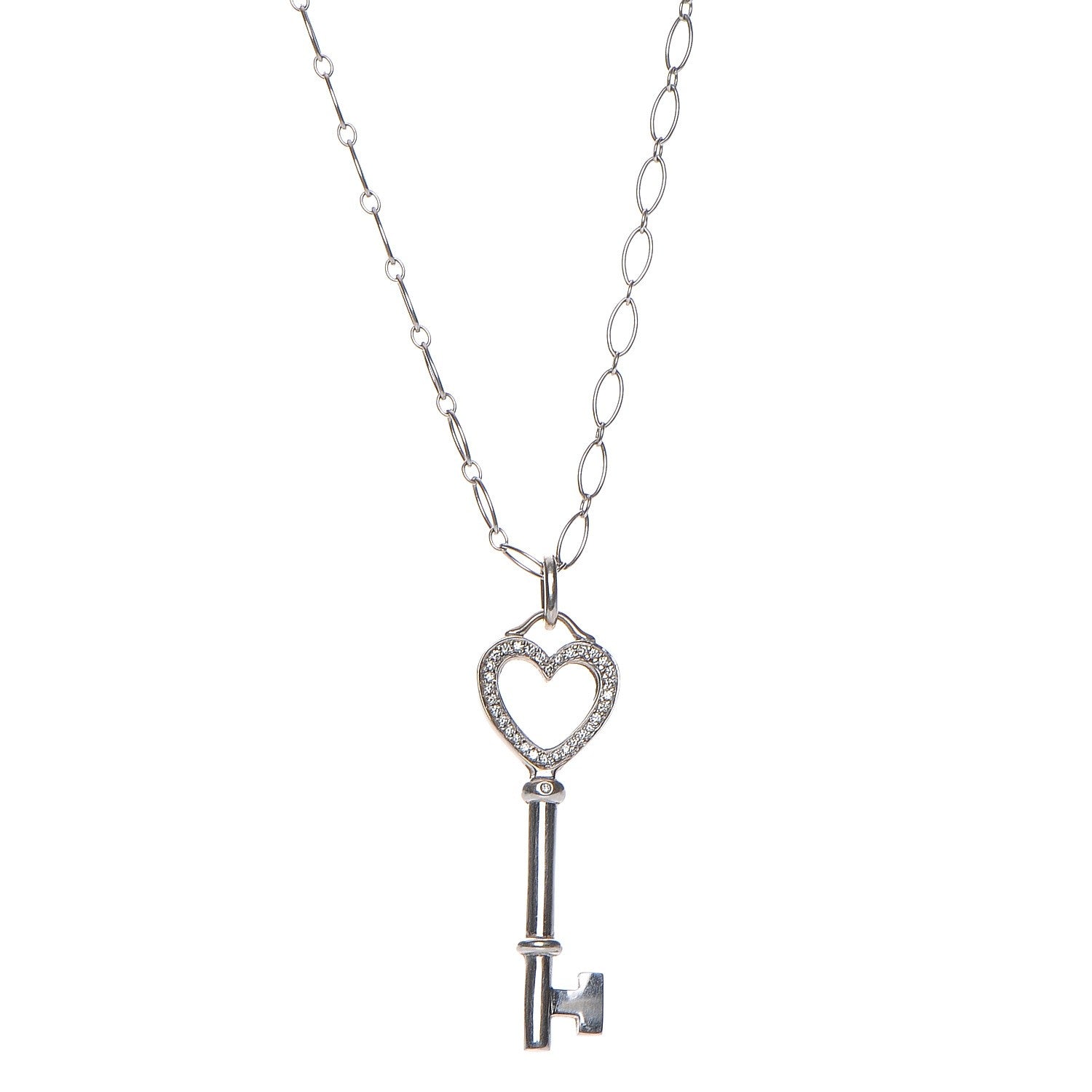 Tiffany 18K White Gold Diamond Mini Heart Key Charm Pendant Link Necklace 1 of 10