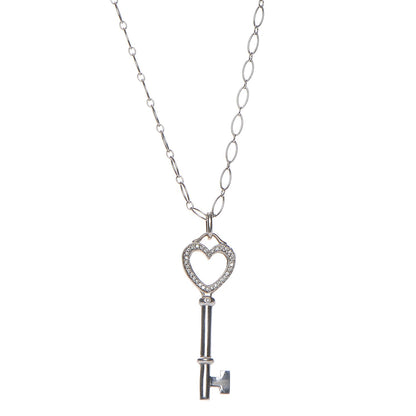 Tiffany 18K White Gold Diamond Mini Heart Key Charm Pendant Link Necklace 1 of 10
