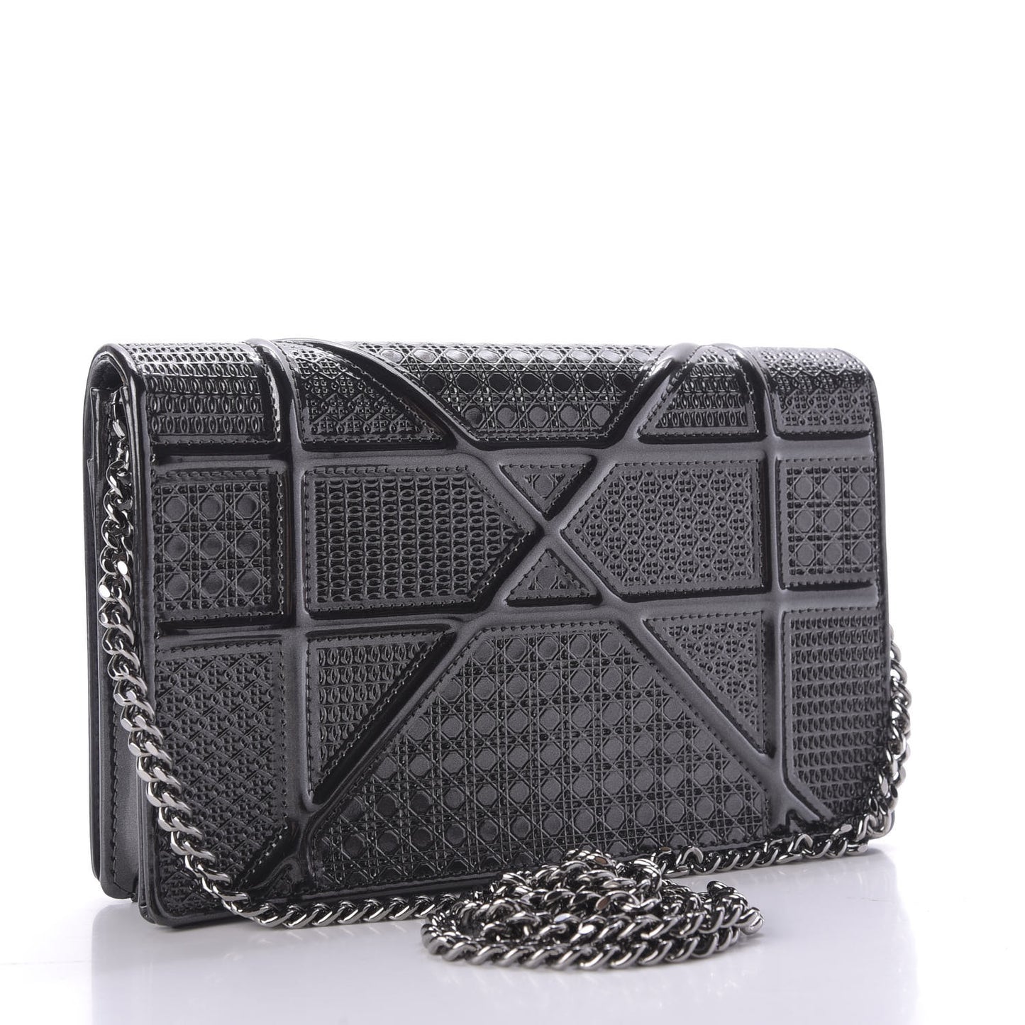 Metallic Patent Micro-Cannage Diorama Wallet on Chain Pouch Onyx Black
