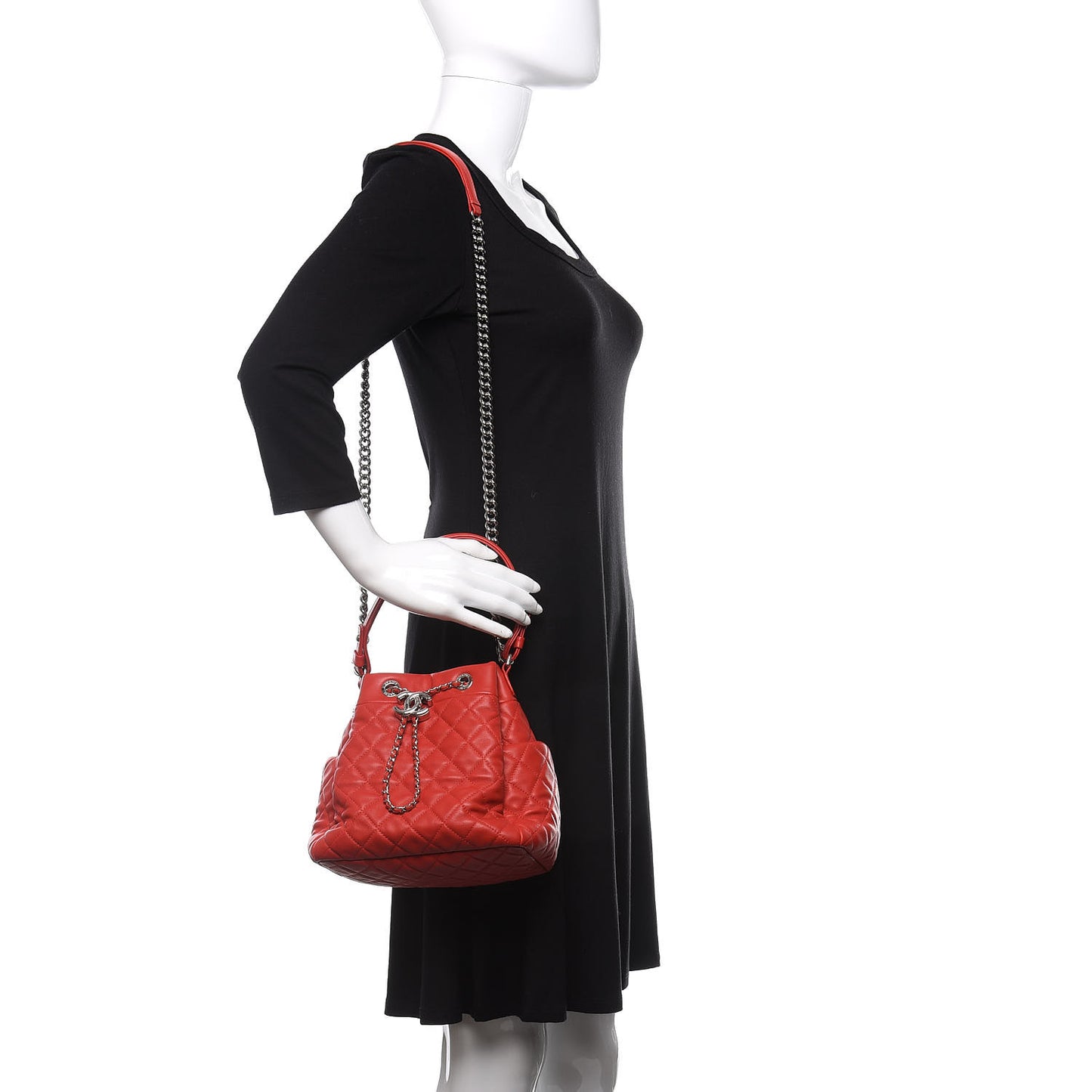 Lambskin Quilted Small CC Chain Drawstring Bucket Bag Red
