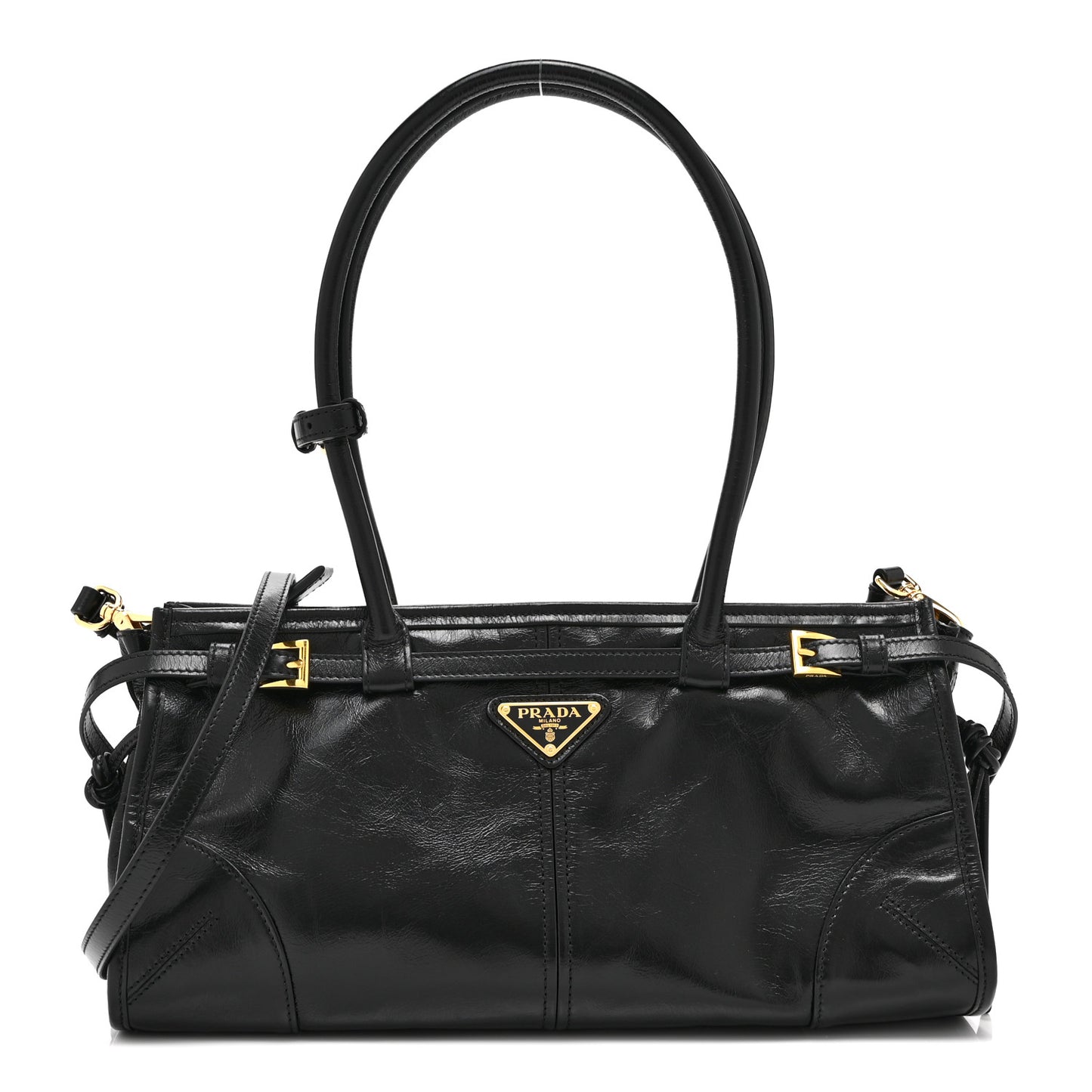 Glossy Calfskin Triangle Medium Bonnie Shoulder Bag Black