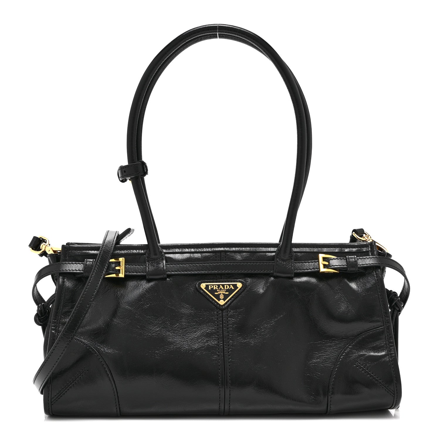 Prada Glossy Calfskin Triangle Medium Bonnie Shoulder Bag Black 1 of 10