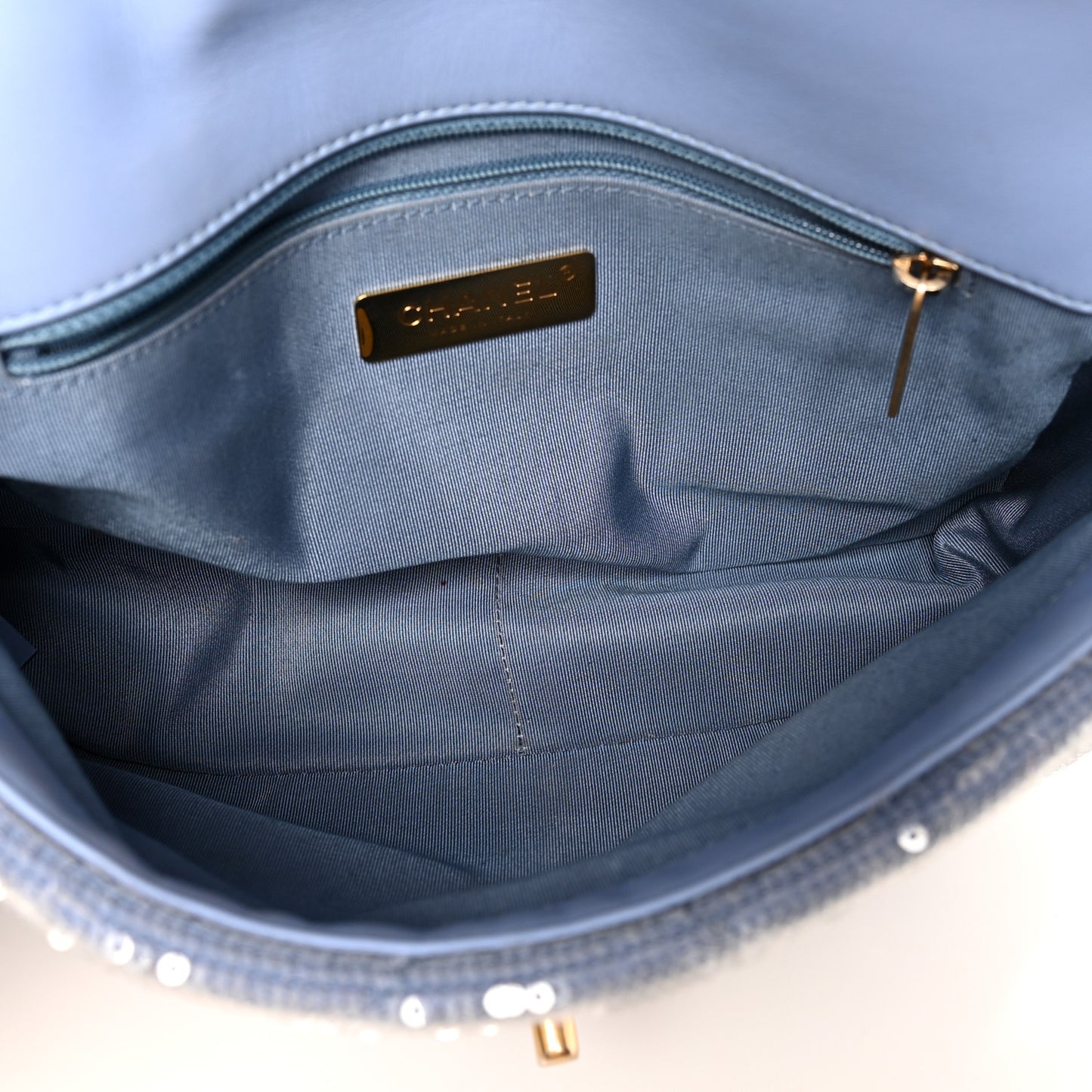 Sequin Quilted Medium Chanel 19 Flap Light Blue