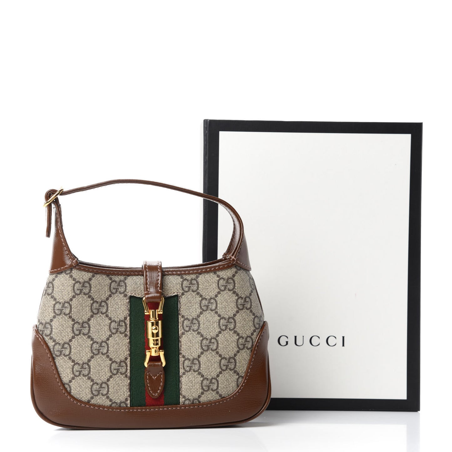 GG Supreme Monogram Azalea Calfskin Web Mini Jackie 1961 Hobo Beige Ebony Brown Sugar