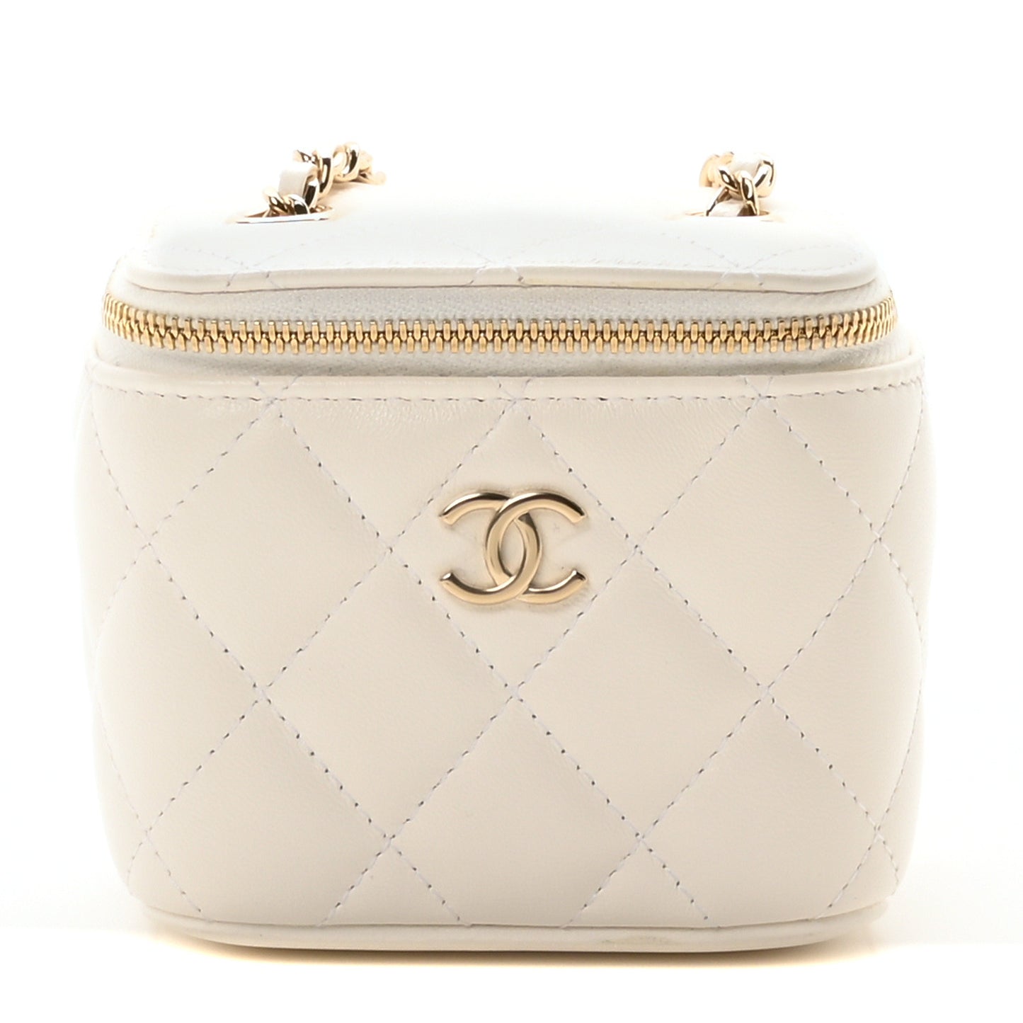 Lambskin Quilted Mini Camellia Bow Vanity Case With Chain White