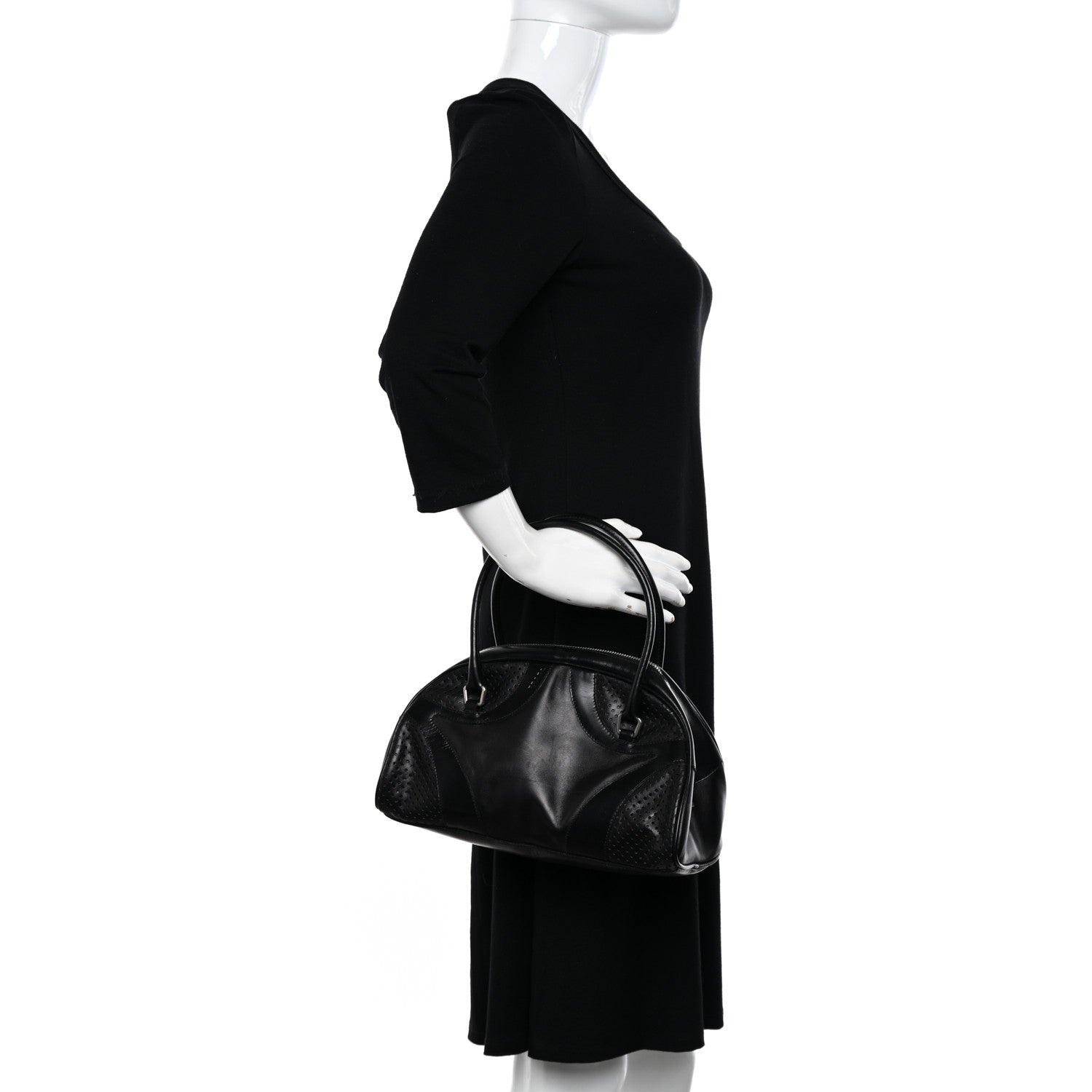 Prada Vitello Drive Perforated Bowling Bag Black 2 of 10