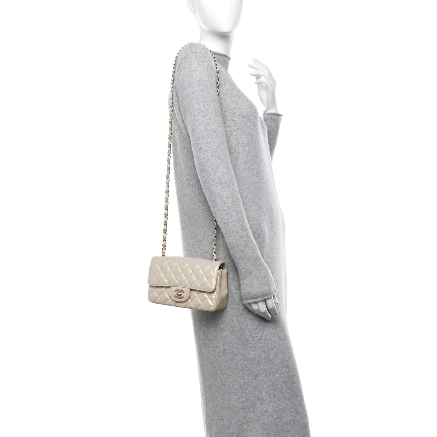 Iridescent Lambskin Quilted Mini Rectangular Flap Ivory
