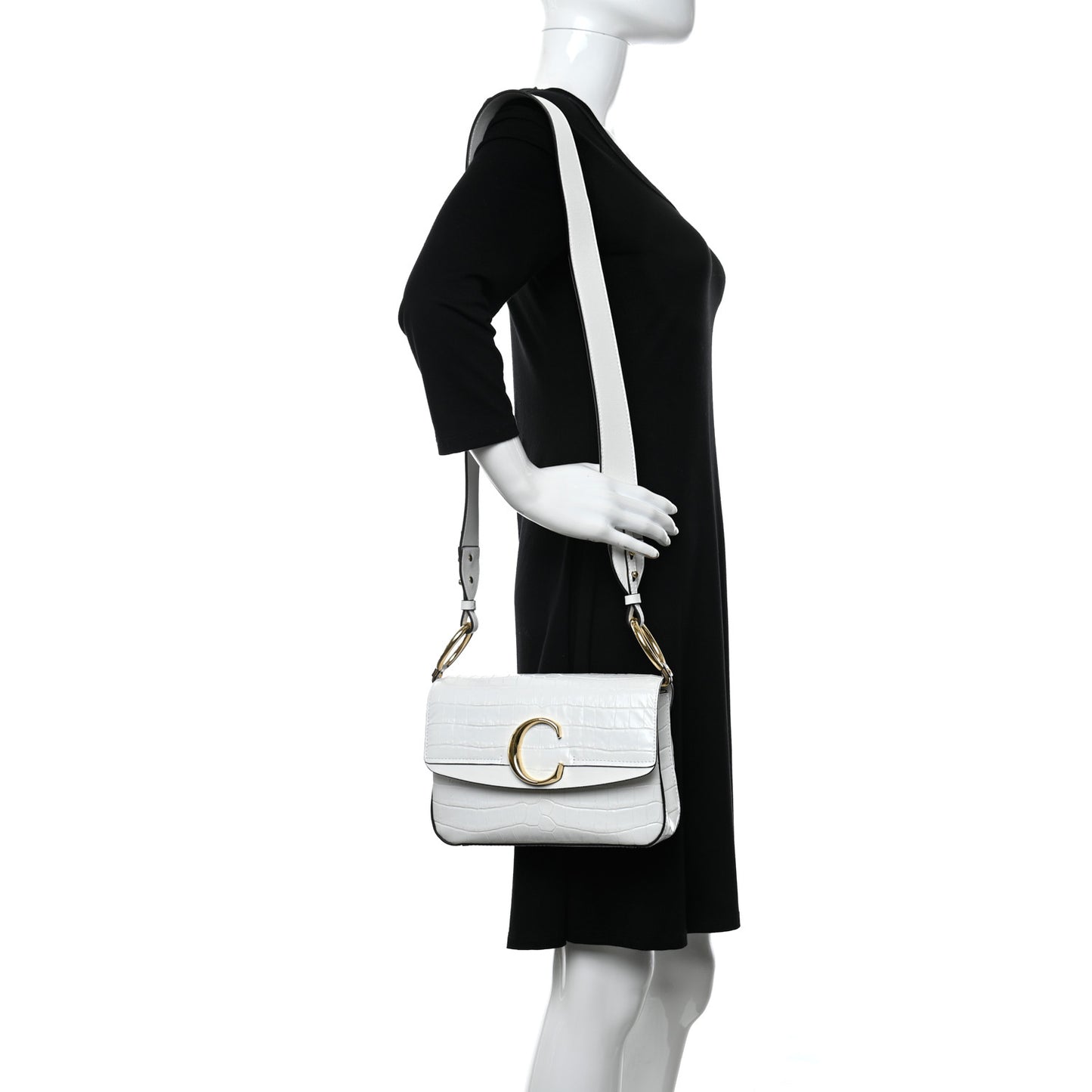 Calfskin Crocodile Embossed Small C Double Carry Brilliant White