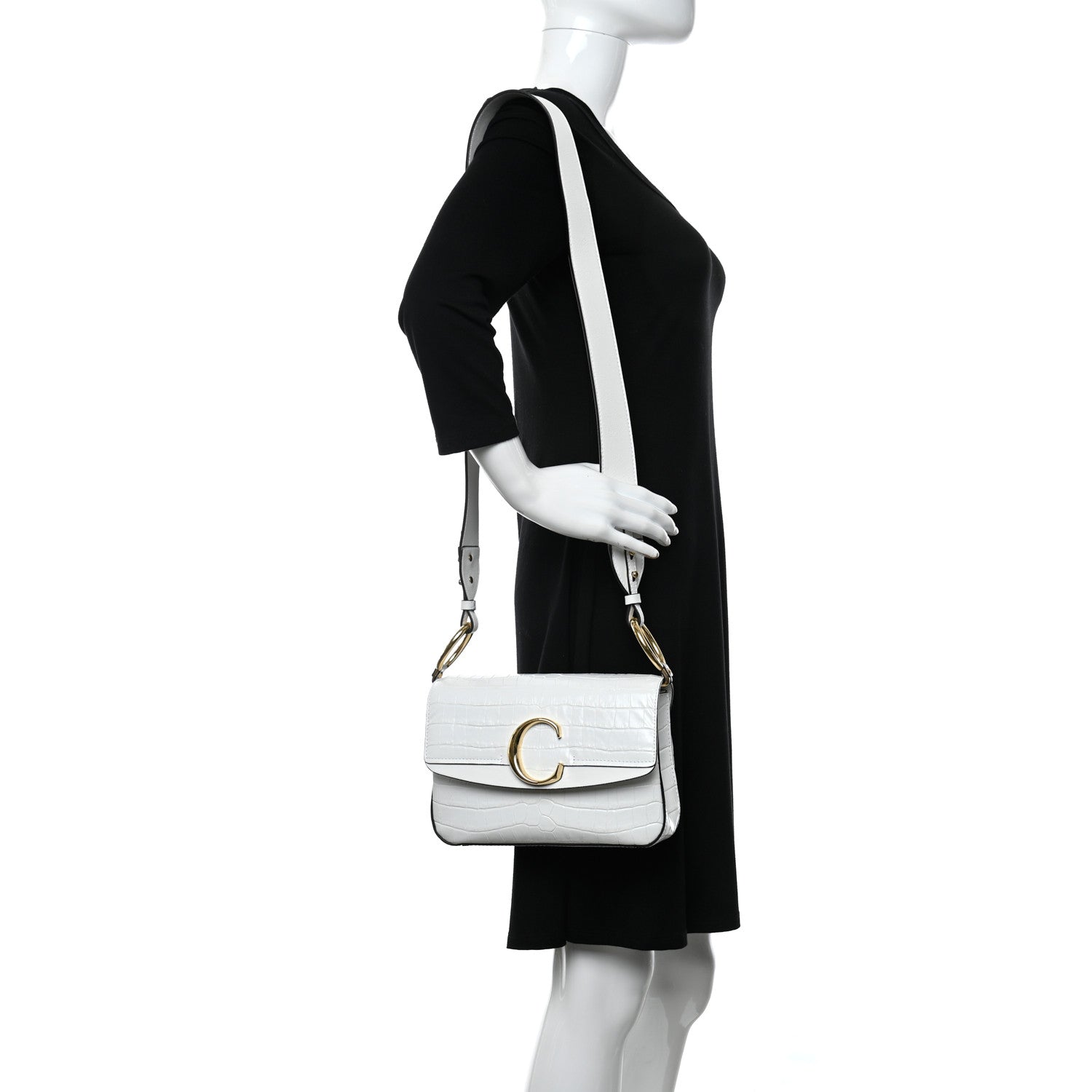 Chloe Calfskin Crocodile Embossed Small C Double Carry Brilliant White 3 of 12