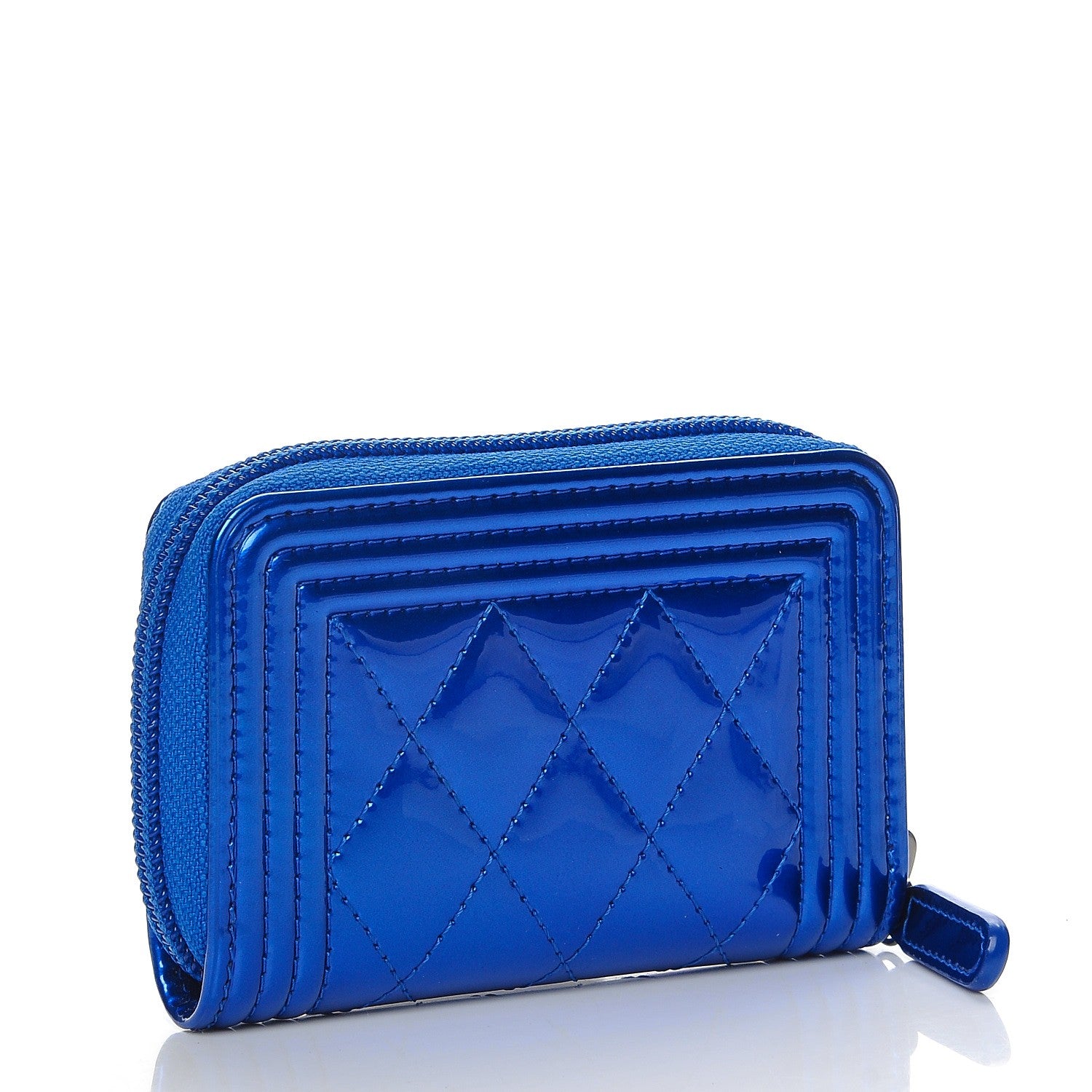 Chanel Metallic Patent Quilted Zip Around Boy Coin Purse Wallet Blue 3 of 8