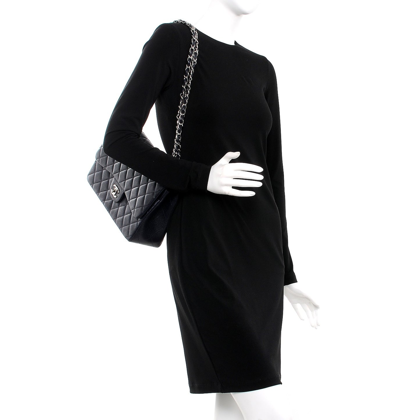 Caviar Quilted Jumbo Double Flap Navy Blue