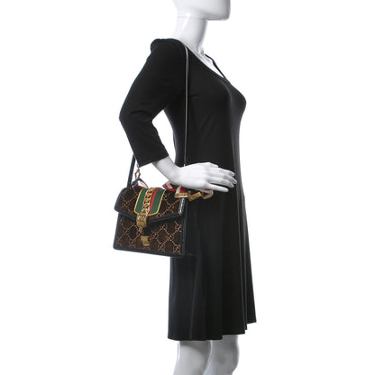 Gucci Velvet GG Monogram Web Small Sylvie Shoulder Bag Brown Black Oro Vecchio 2 of 10