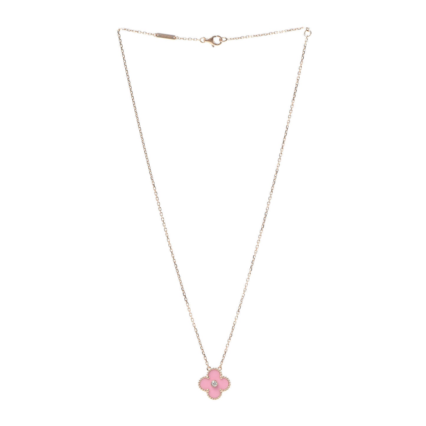 18K Rose Gold Diamond Pink Porcelain Vintage Alhambra Pendant Necklace