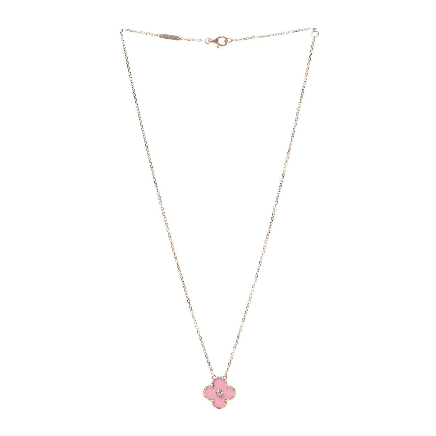 Van Cleef & Arpels 18K Rose Gold Diamond Pink Porcelain Vintage Alhambra Pendant Necklace 3 of 8