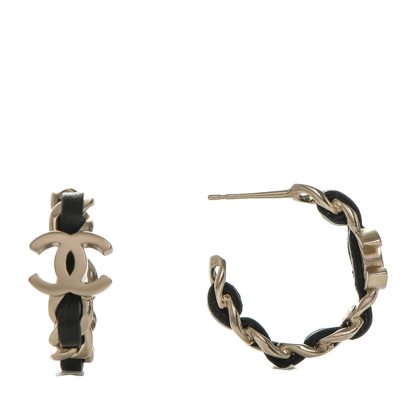 Lambskin CC Chain Hoop Earrings Black Gold