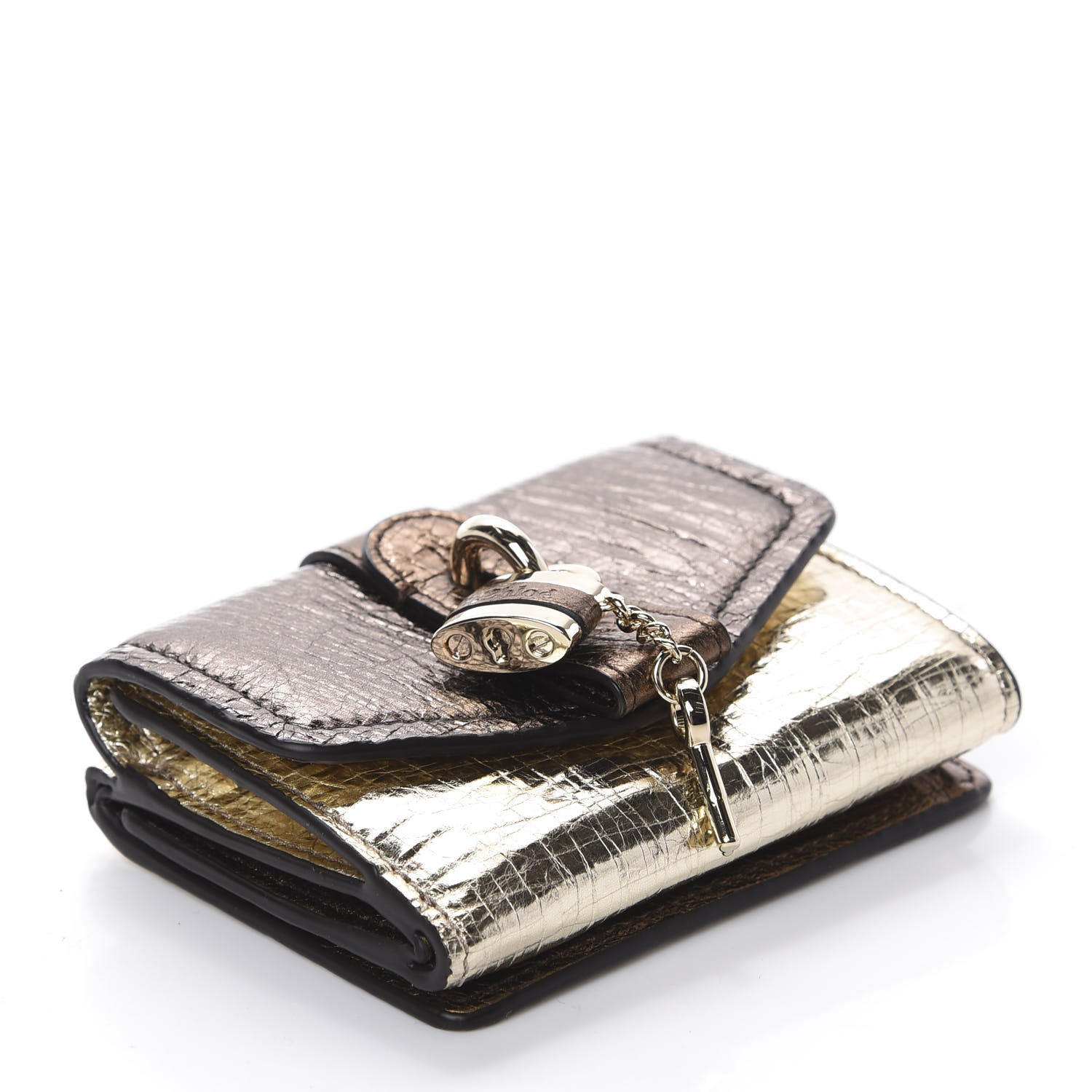 Chloe Metallic Crinkled Lambskin Shiny Calfskin Small Aby Tri-Fold Wallet Gold Bronze 4 of 10