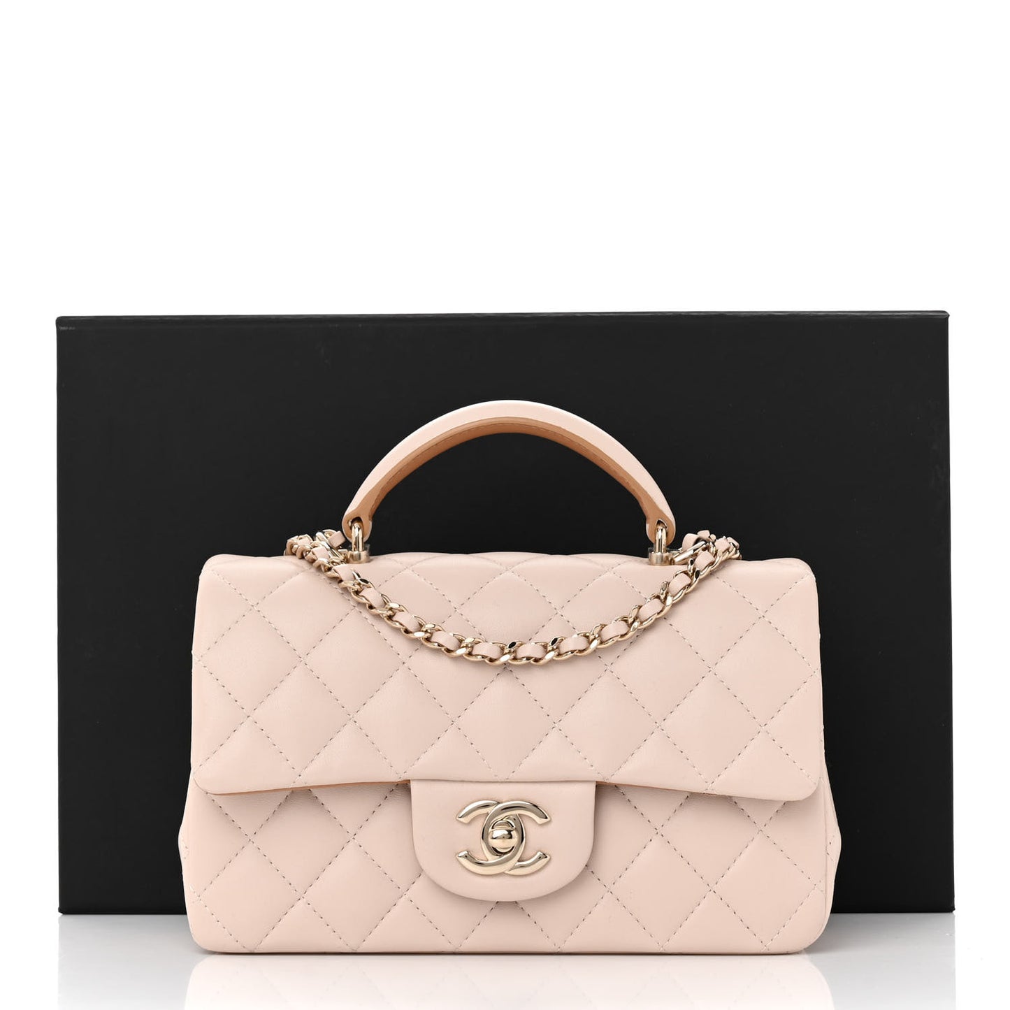 Lambskin Quilted Bi-Color Mini Top Handle Rectangular Flap Ecru Dark Beige