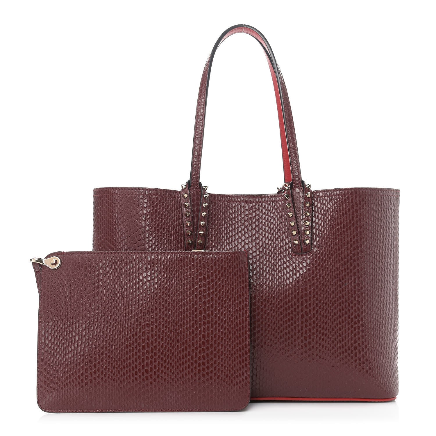 Christian Louboutin Calfskin Jurassic Embossed Spiked Small East West Cabata Tote Burgundy 1 of 11
