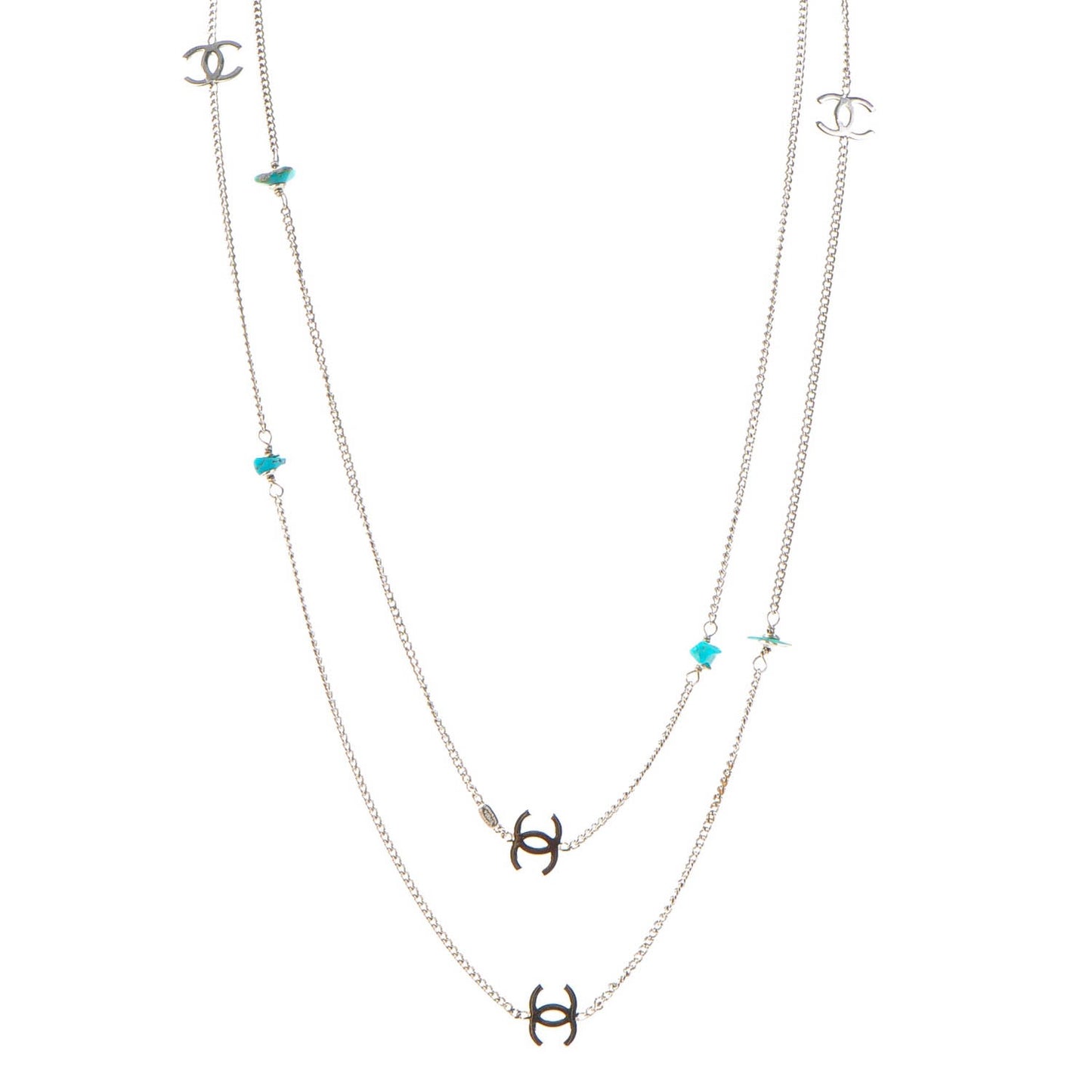 Turquoise CC Long Chain Necklace Silver