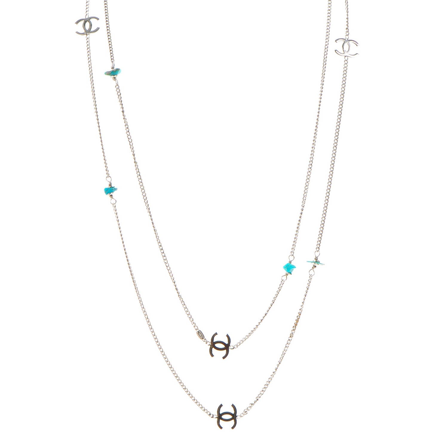 Chanel Turquoise CC Long Chain Necklace Silver 1 of 7