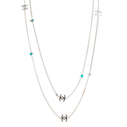Chanel Turquoise CC Long Chain Necklace Silver 1 of 7