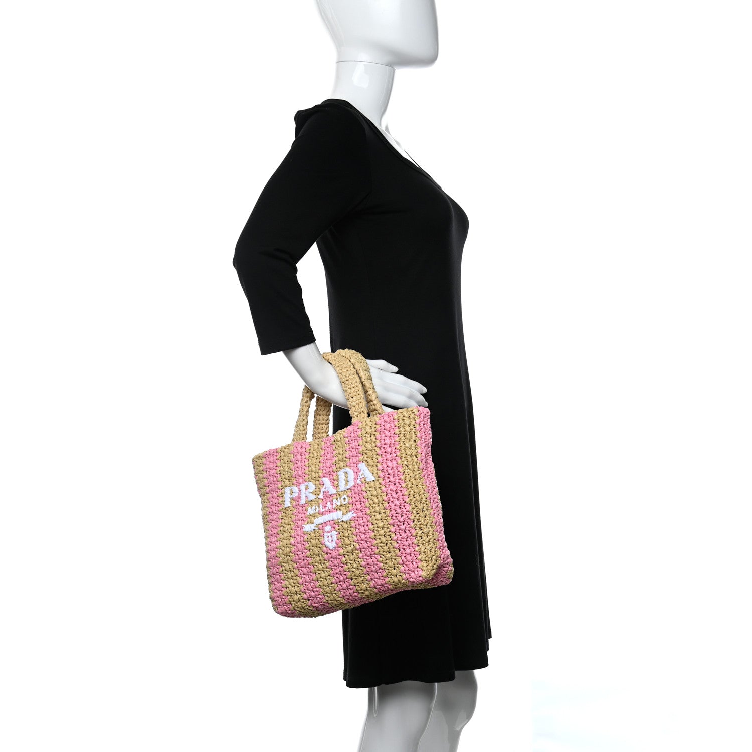 Prada Yarn Raffia Effect Crochet Striped Small Logo Tote Naturale Petalo 1 of 9