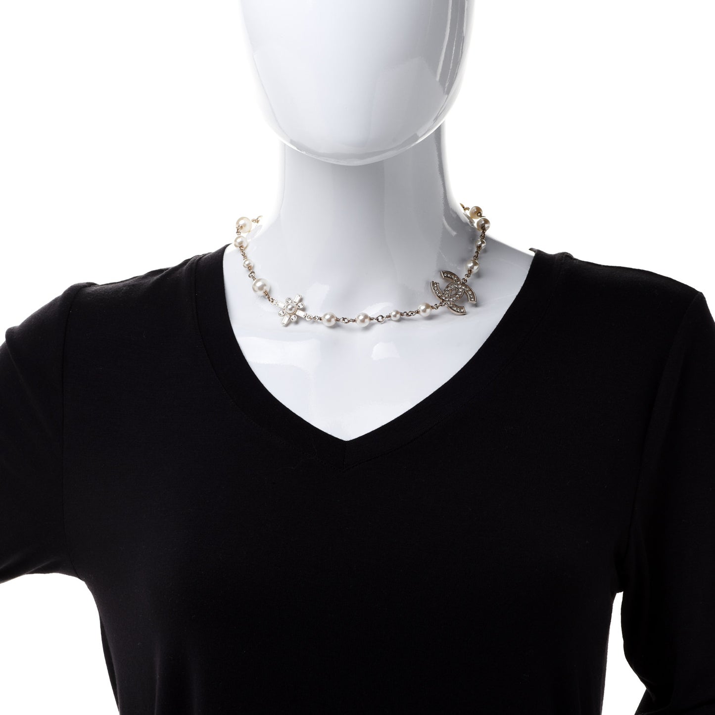 Crystal Baguette Pearl CC Cross Necklace Gold