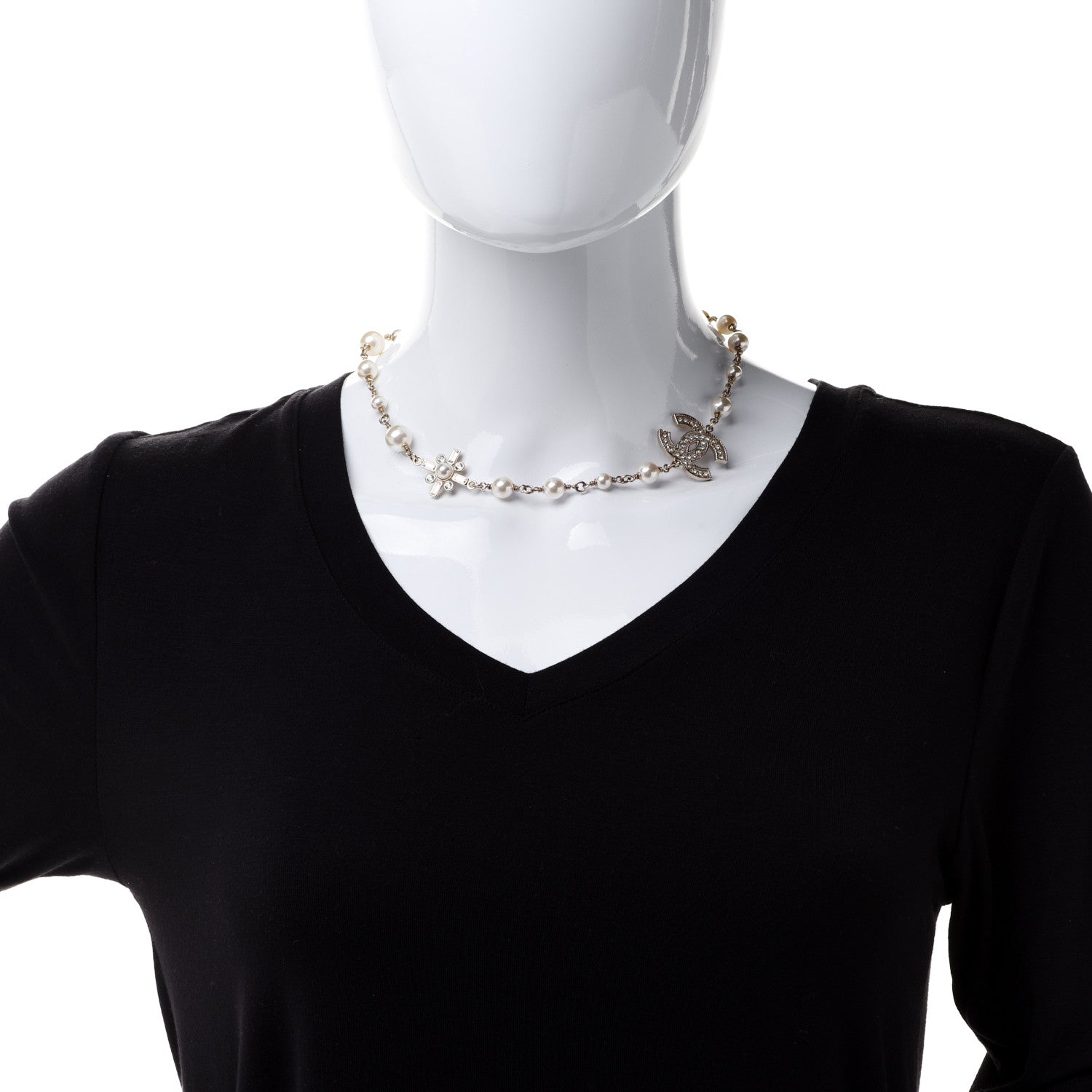 Chanel Crystal Baguette Pearl CC Cross Necklace Gold 2 of 6