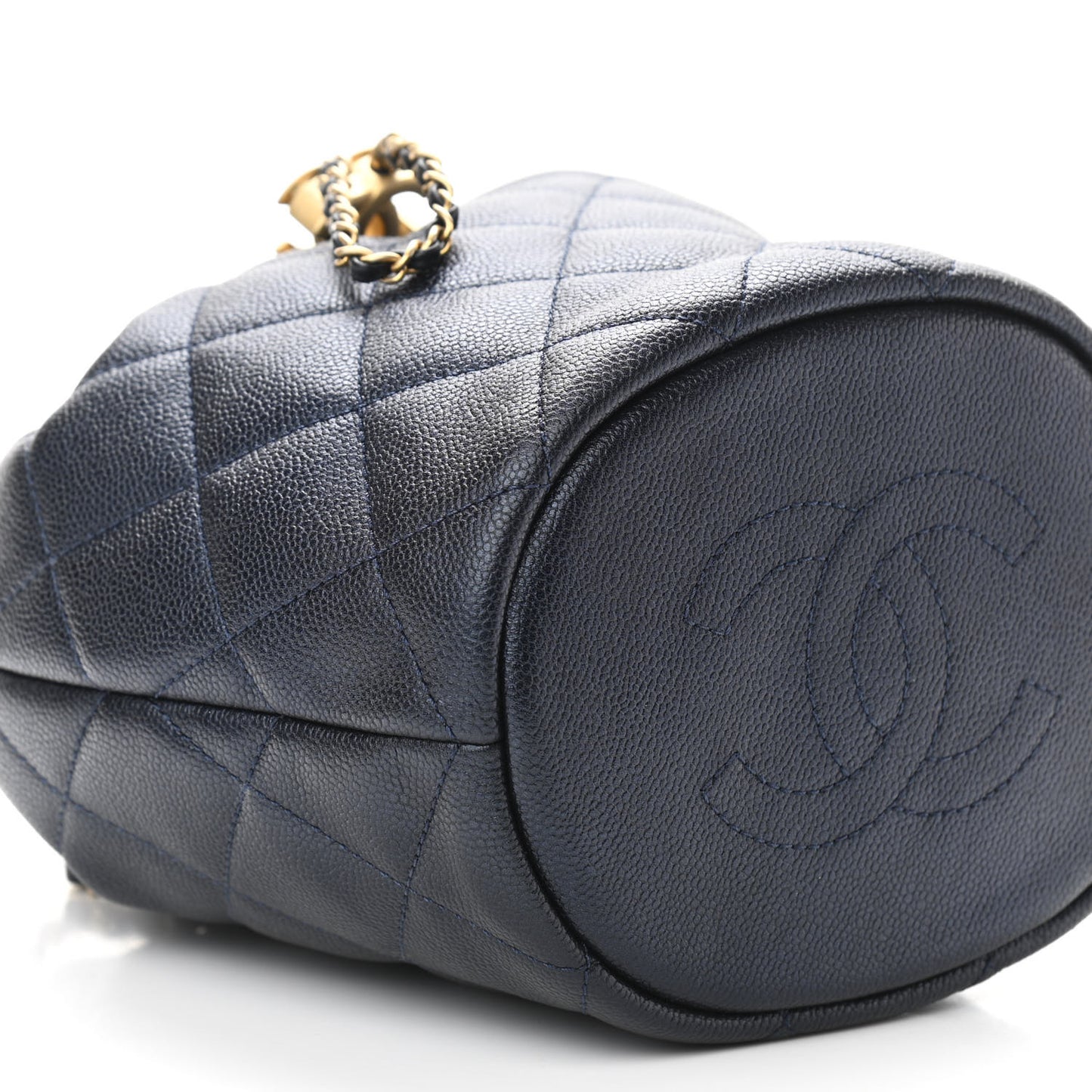 Iridescent Caviar Quilted My Perfect CC Bucket Drawstring Bag Blue