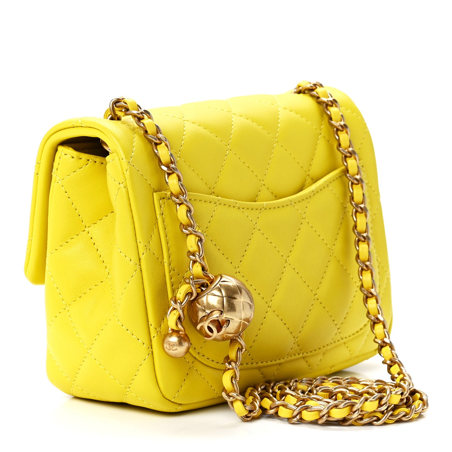 Lambskin Quilted Mini Pearl Crush Flap Yellow
