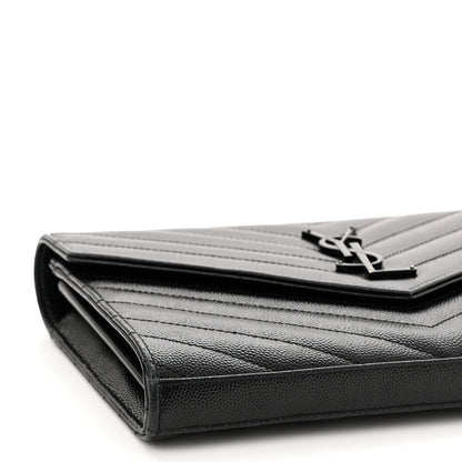 Saint Laurent Grain De Poudre Matelasse Chevron Monogram Monochrome Chain Wallet Black 9 of 12