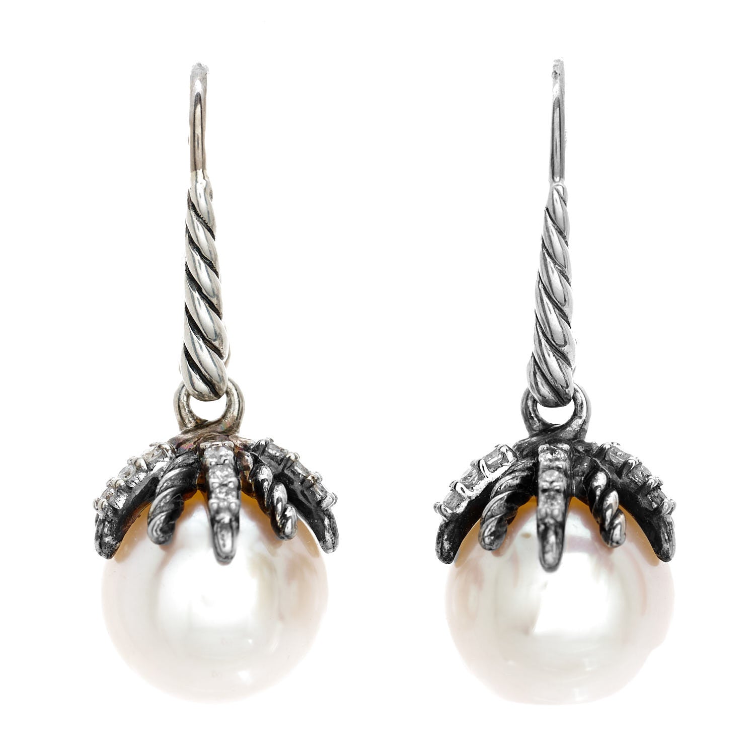 David Yurman Sterling Silver Diamond 9.5mm Pearl Starburst Drop Earrings 1 of 4