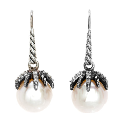 David Yurman Sterling Silver Diamond 9.5mm Pearl Starburst Drop Earrings 1 of 4