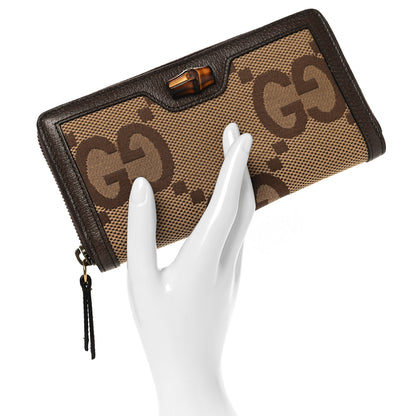 Gucci Monogram Jumbo GG Textured Dollar Calfskin Diana Zip Around Continental Wallet Camel Ebony New Acero 2 of 7