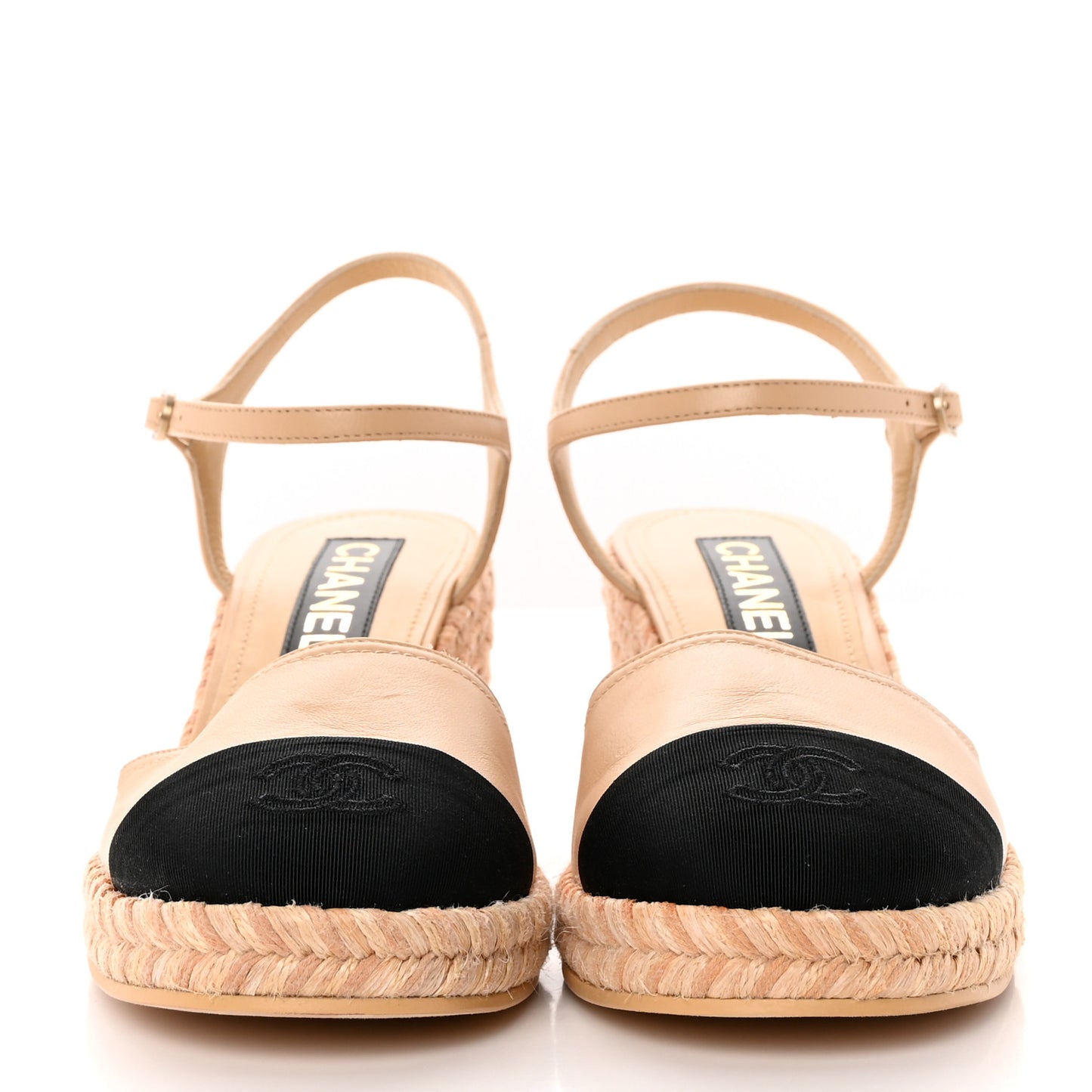 Lambskin Grosgrain CC Espadrilles Wedges 40 Beige Black