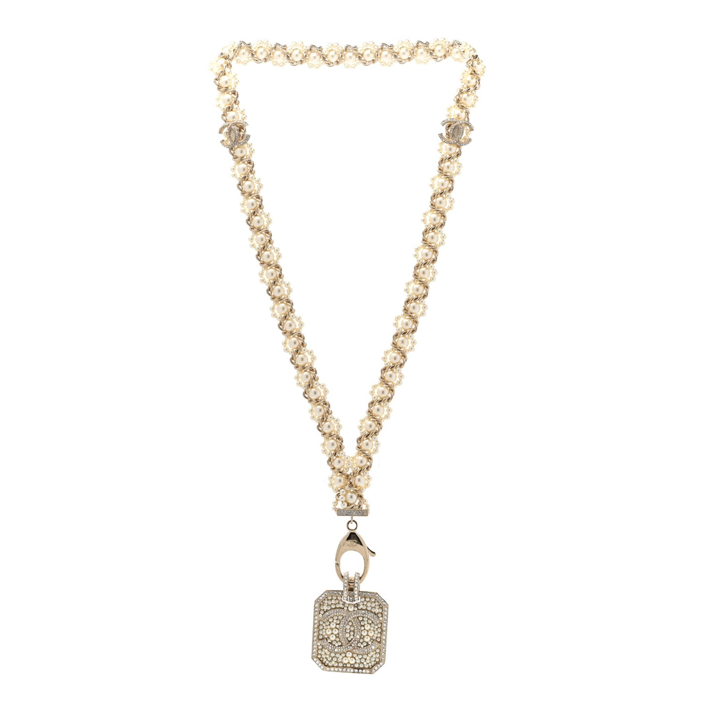 Pearl Crystal CC Pendant Lanyard Necklace Gold