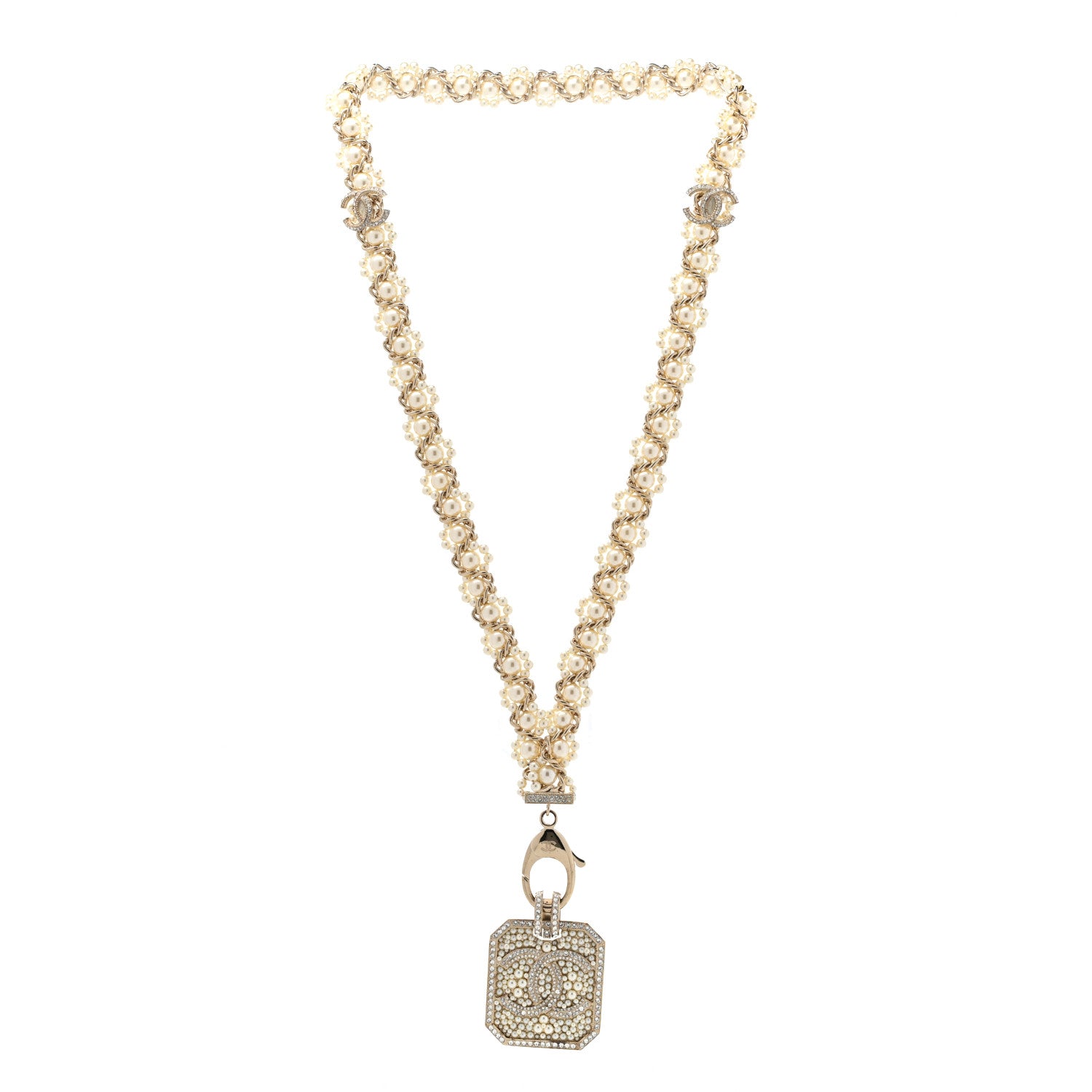 Chanel Pearl Crystal CC Pendant Lanyard Necklace Gold 3 of 9