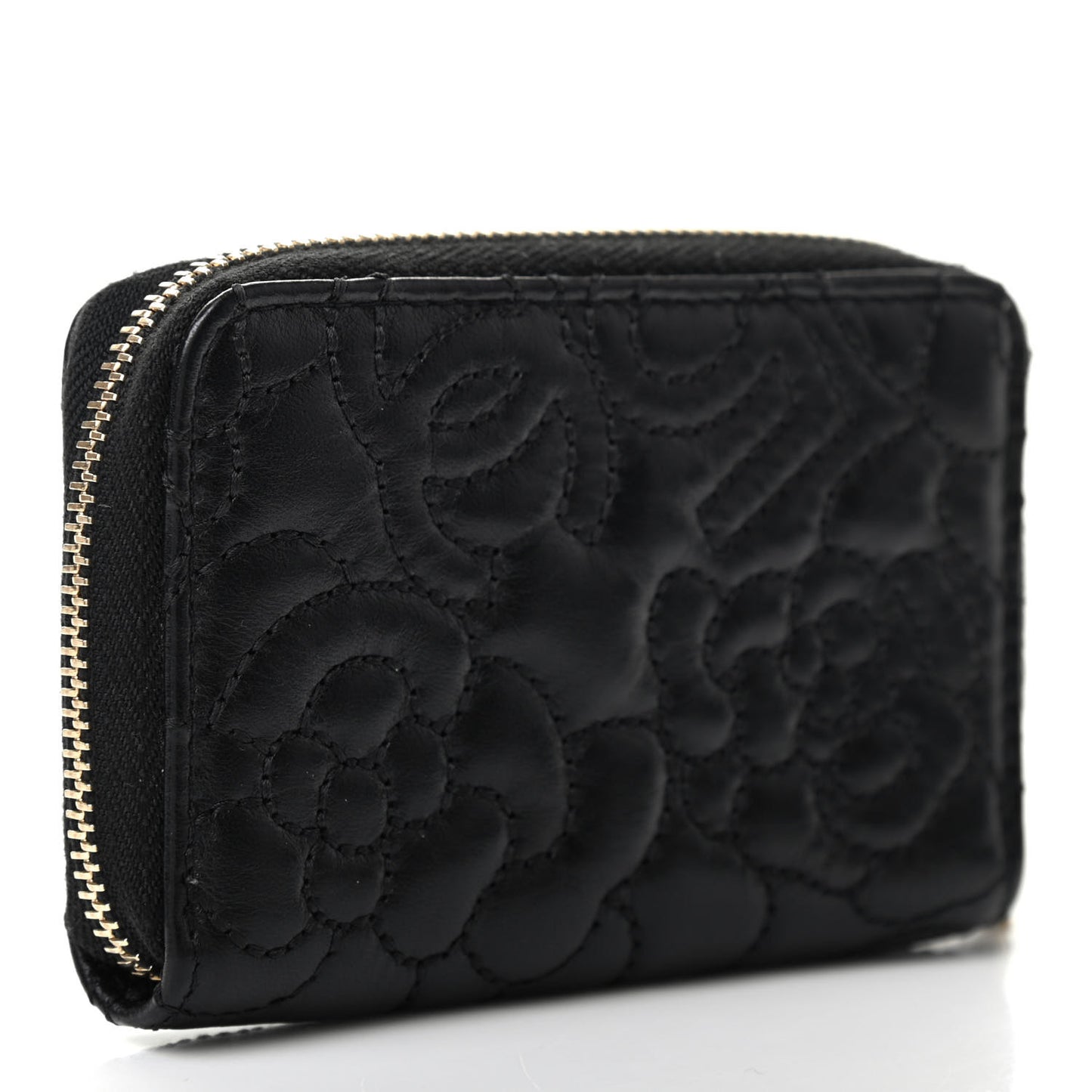 Lambskin Camellia Embossed Zip Coin Purse Black