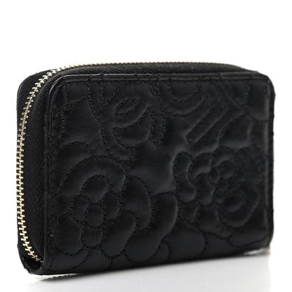 Chanel Lambskin Camellia Embossed Zip Coin Purse Black 3 of 7