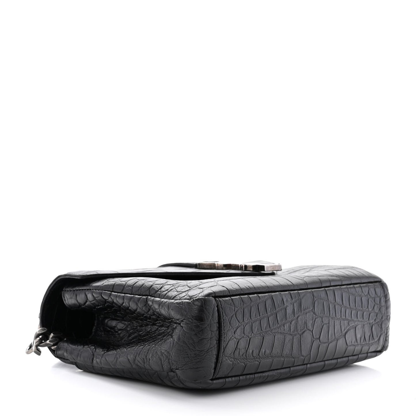 Calfskin Crocodile Embossed Medium College Monogram Satchel Black