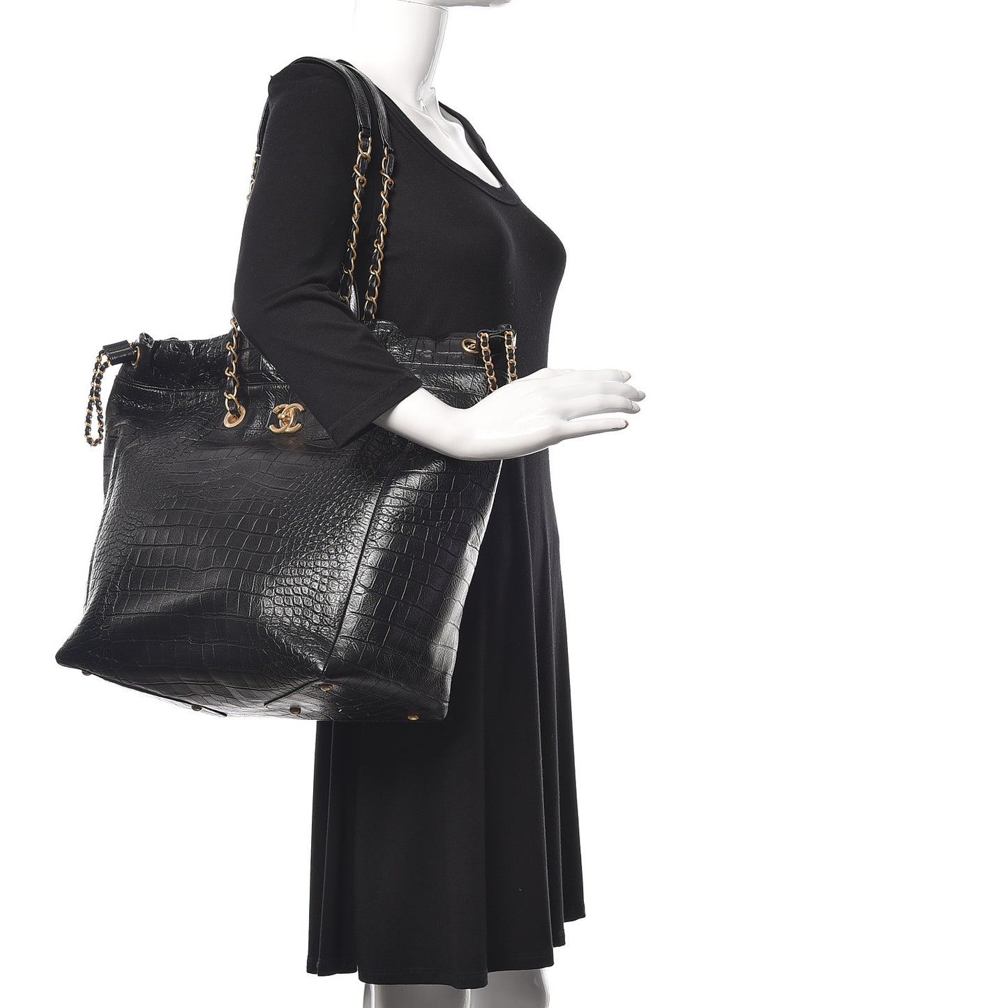 Calfskin Crocodile Embossed Large Cocodile Shopping Tote Black