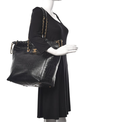 Chanel Calfskin Crocodile Embossed Large Cocodile Shopping Tote Black 2 of 10