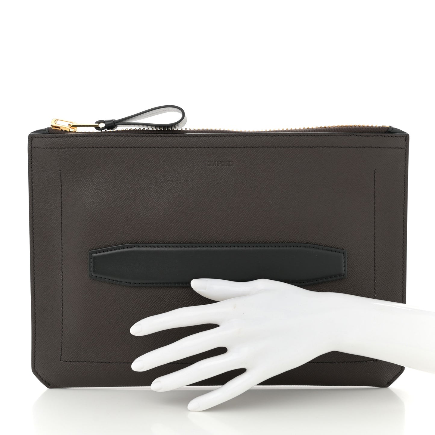 Grained Calfskin Portfolio Clutch With Handle Dark Brown Black
