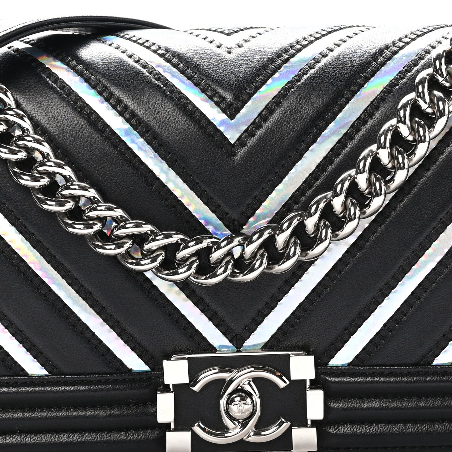 Lambskin Iridescent PVC Chevron Quilted Medium Boy Flap Black Silver