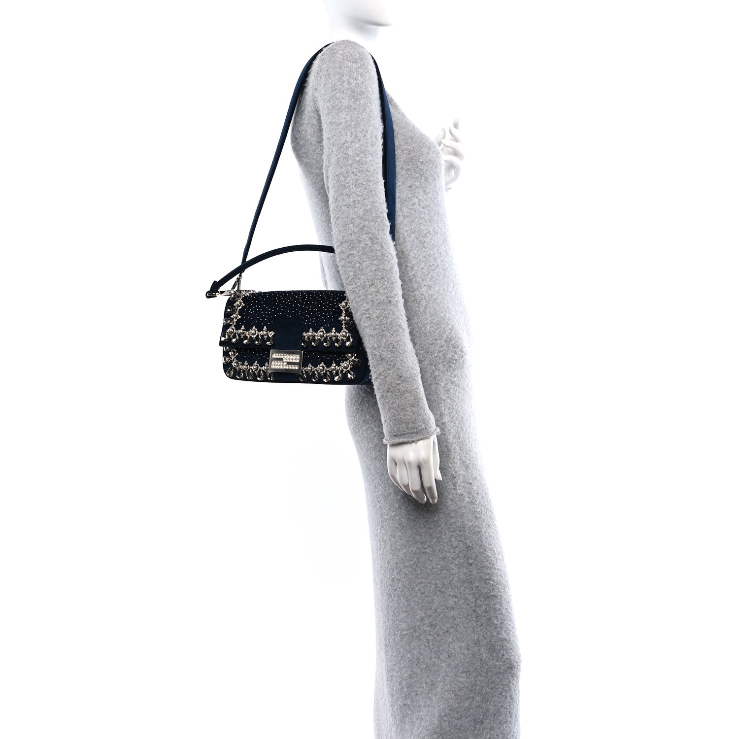 Fendi Velvet Crystal Embellished Baguette Midnight 2 of 10