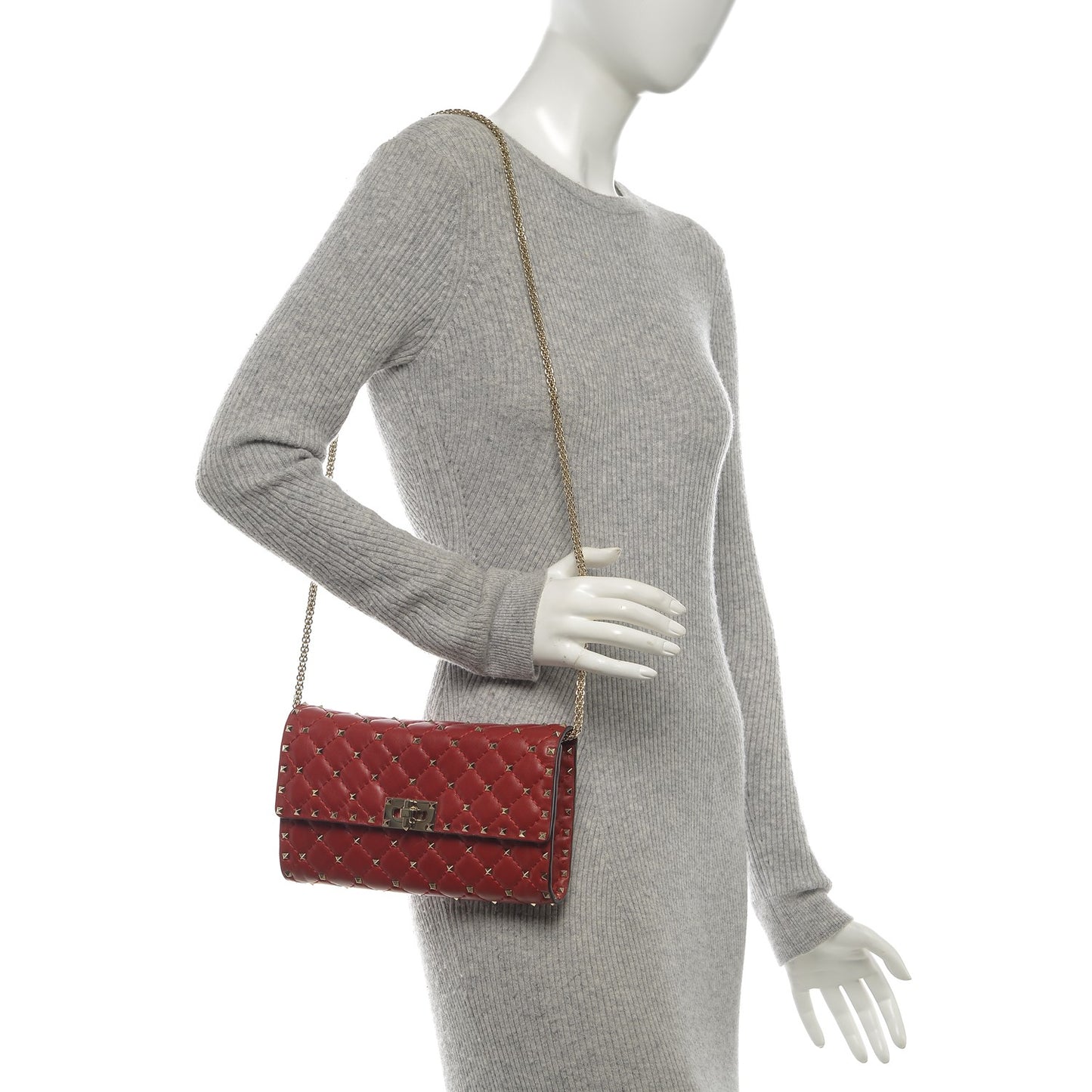 Lambskin Rockstud Spike Wallet on Chain Red