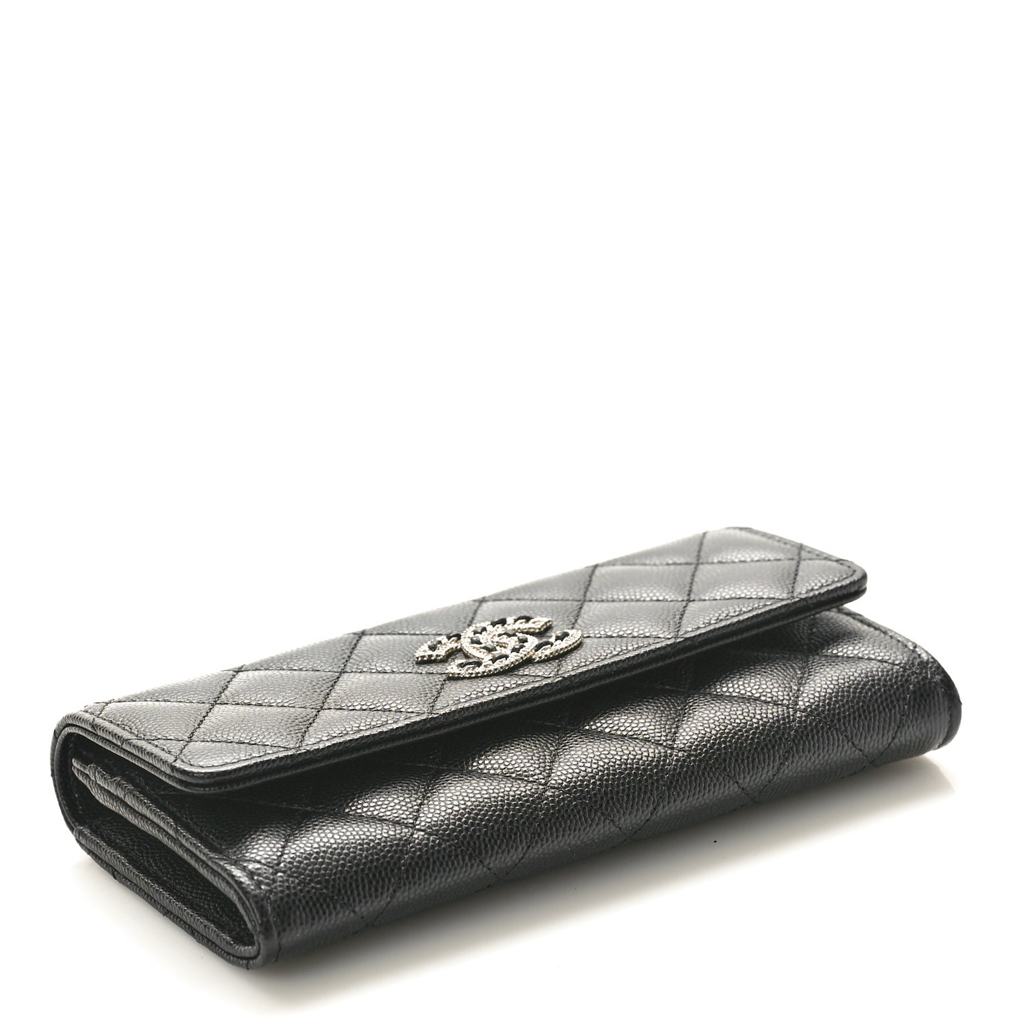 Caviar Quilted Crystal CC Large Gusset Flap Wallet Black