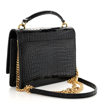 Saint Laurent Calfskin Crocodile Embossed Monogram Sunset Top Handle Chain Wallet Black 3 of 11