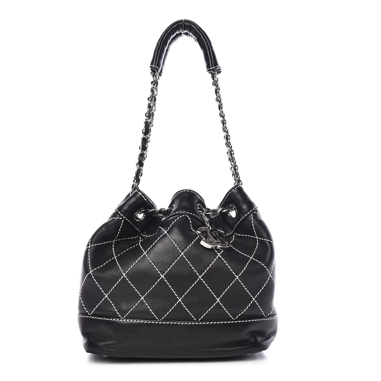 Chanel Lambskin Contrast Stitch Small Drawstring Tote Black 1 of 14